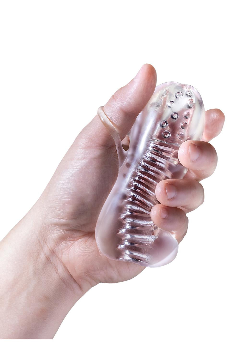 Transparent masturbator med grepphandtag